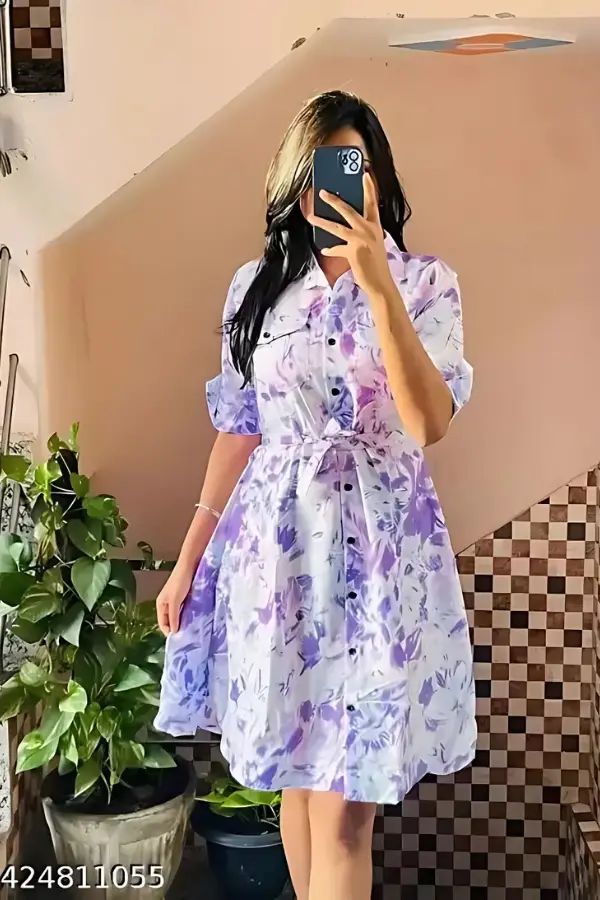 Rayon Solid Button Front Shirt Dress for Women (1)